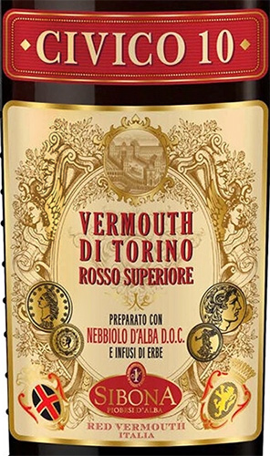 Этикетка Ароматизированный виноградосодержащий напиток из виноградного сырья "Сибона Чивико 10 Вермут ди Торино Россо Супериоре"