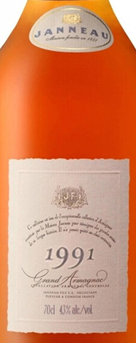 Этикетка БРЕНДИ "Арманьяк Жанно Винтажная Коллекция", год урожая 1991, в деревянной п/у, креп. 43%, емк  0.7л.