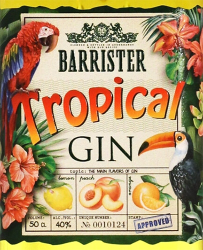 Этикетка ДЖИН дистиллированный "BARRISTER TROPICAL FRUITS (БАРРИСТЕР ТРОПИЧЕСКИЕ ФРУКТЫ)"  креп 40%, емк 0,7л