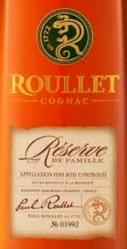 Этикетка КОНЬЯК марочный очень старый "Рулле Резерв де Фамий Фэн Буа", креп. 40%, емк 0,7л  в деревянном футляре