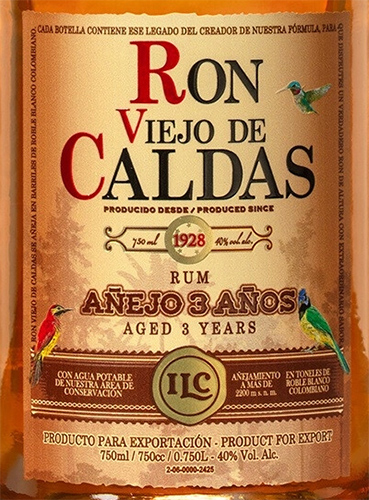 Этикетка РОМ выдержанный "Вьехо де Кальдас 3-летний" креп. 40%, емк  0.7л.