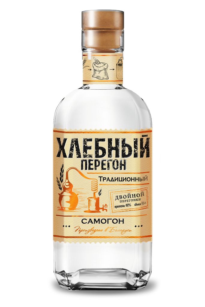 Спиртной напиток из зернового сырья купажированный "ХЛЕБНЫЙ ПЕРЕГОН. САМОГОН ТРАДИЦИОННЫЙ" креп 40%, емк 0.5л.