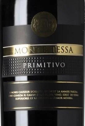Этикетка ВИНО сортовое сухое красное " Монте Тесса Примитиво" креп 13%, емк  0.75л.