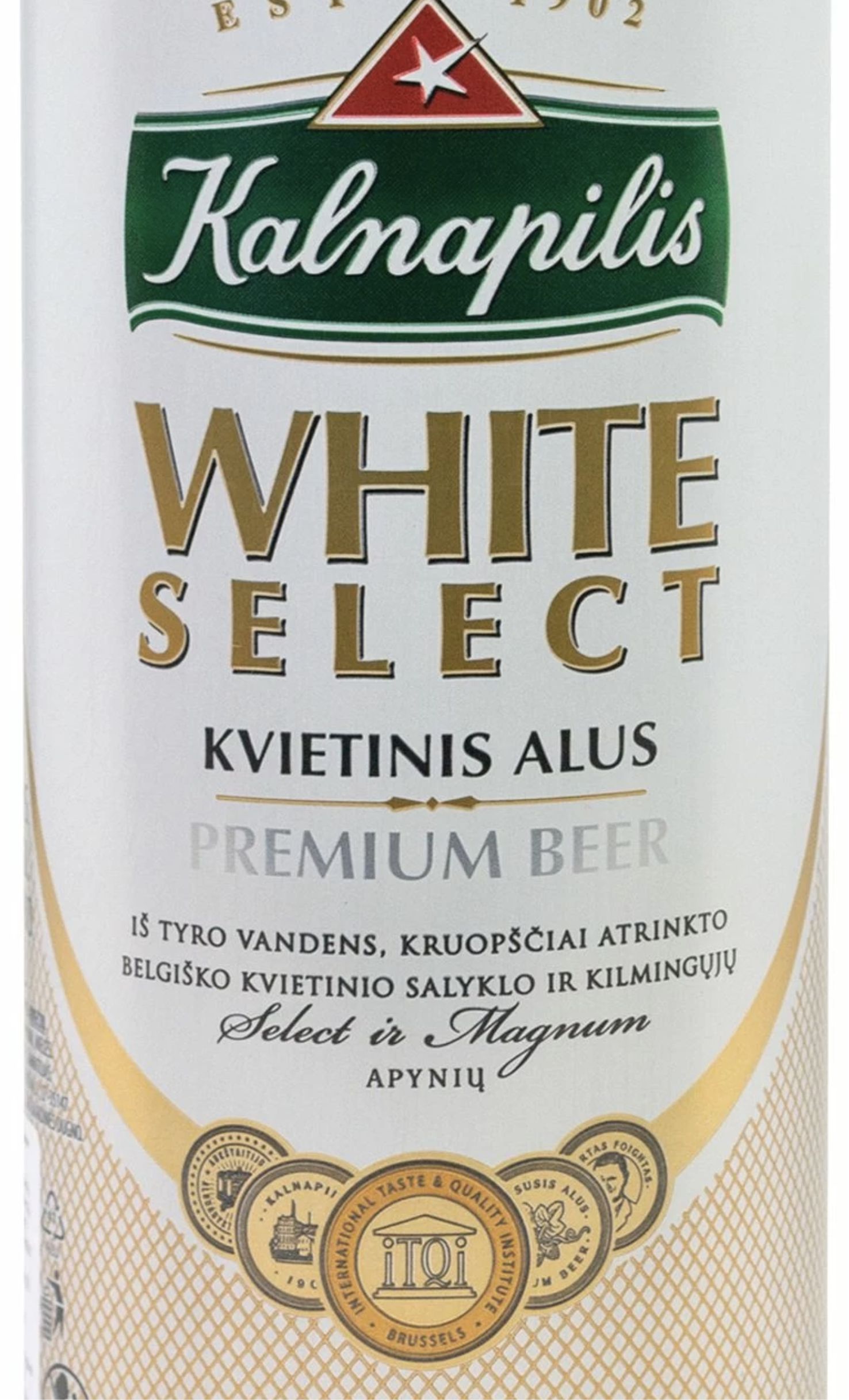 Этикетка Пиво Калнапилис Вайт Селект светлое 0,568л бан, алк 5,0%
